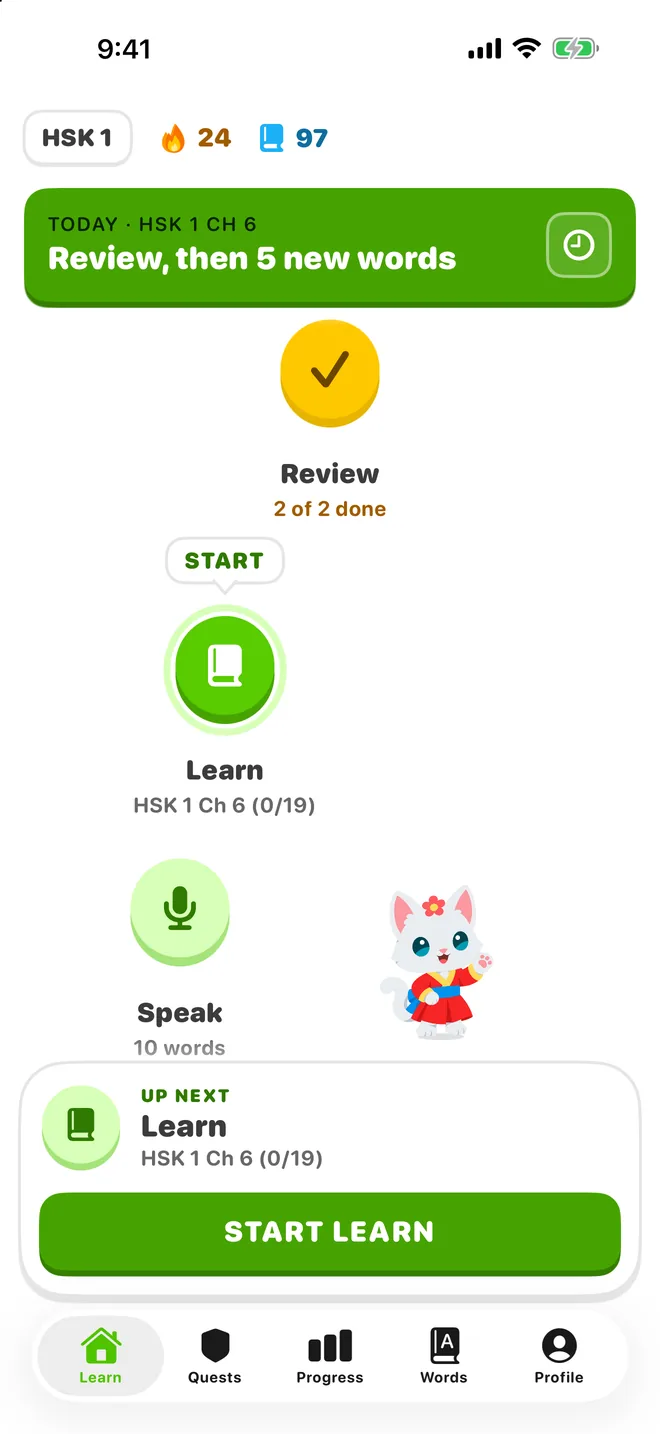 Today’s path in Purlingual: review done, then learn five new words