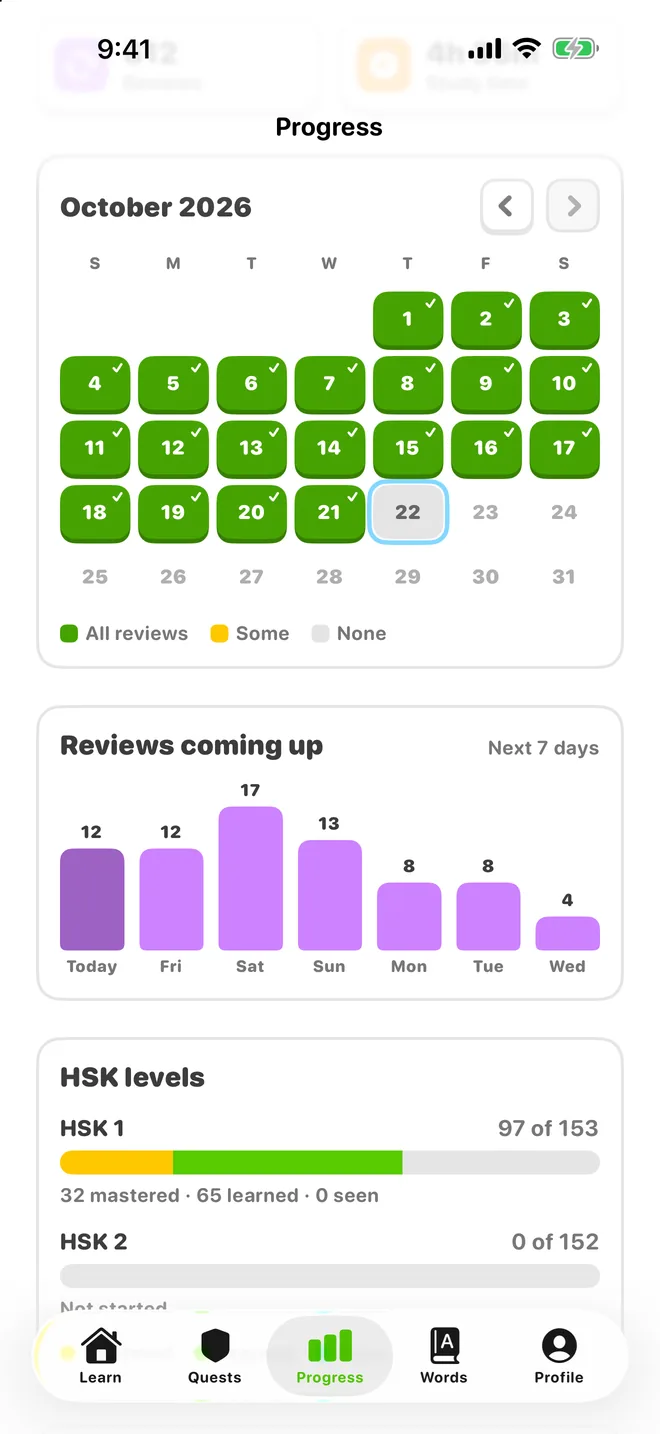 The Progress tab: a study calendar and a chart of reviews coming up this week