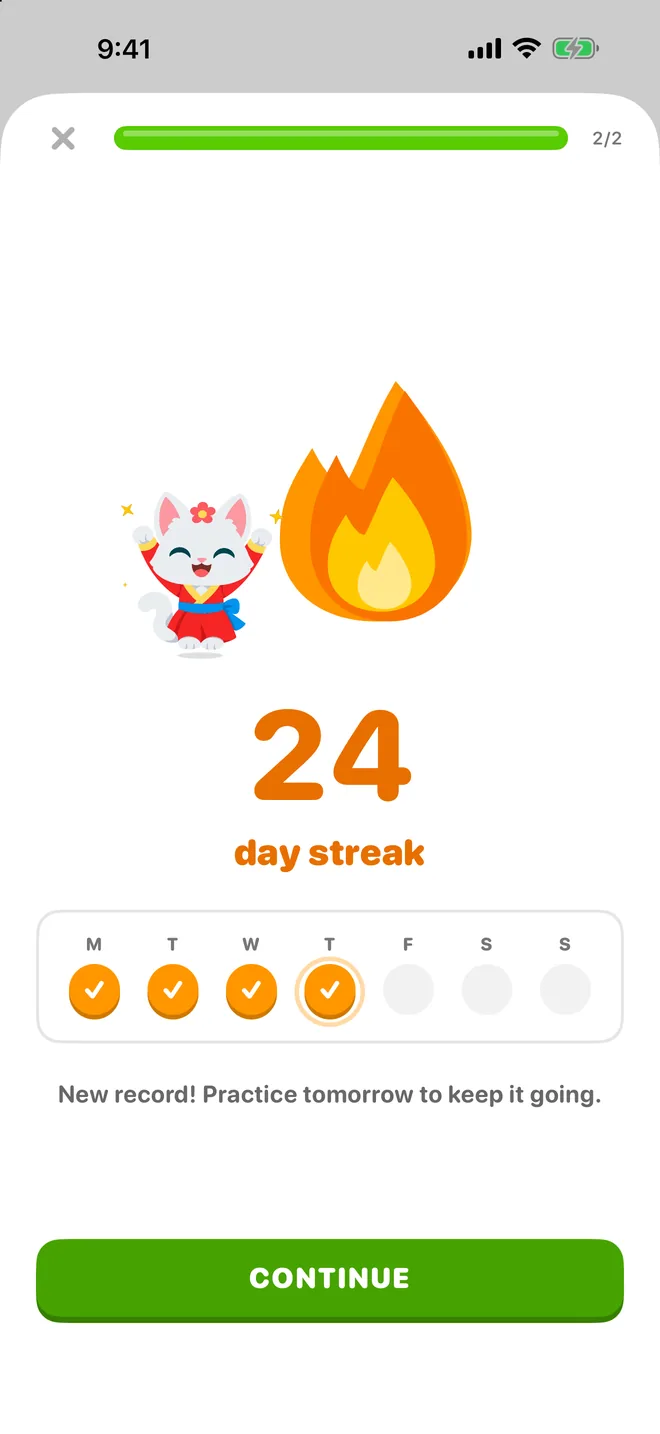 A 24 day streak, with the cat cheering beside a flame
